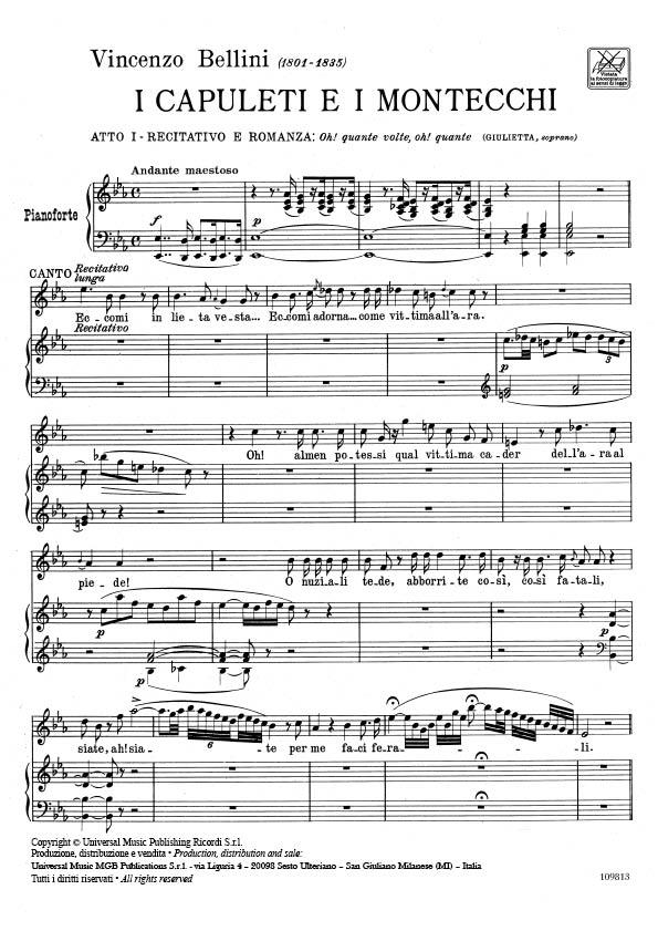 I Capuleti E I Montecchi: Oh! Quante Volte Oh! - Per Soprano E Pianoforte - pro zpěv a klavír